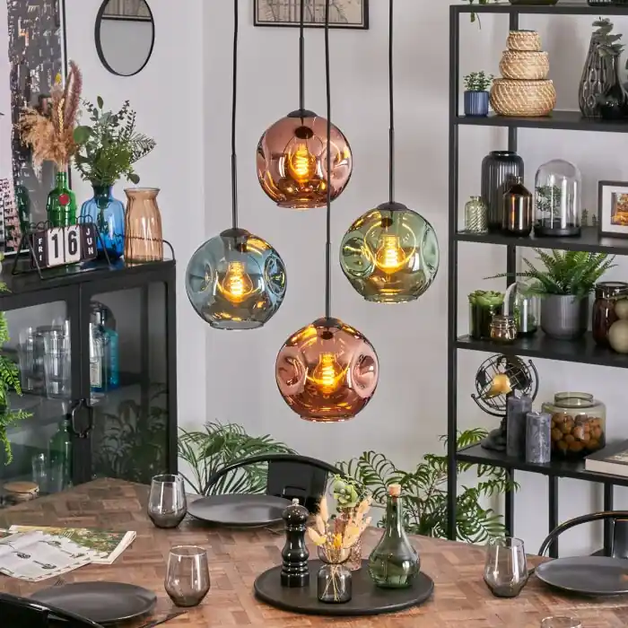 Ripoll Hanglamp, Kogellampje, Cluster hanglamp Blauw, Groen, Koperkleurig, 4-lichts Beperkte Voorraad