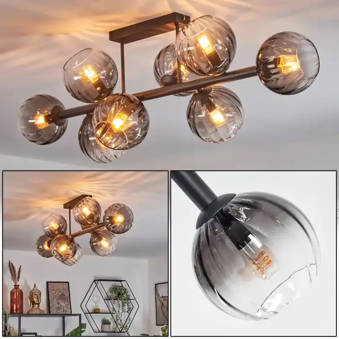 Koyoto Plafondlamp, Kogellampje Duidelijk, Rookkleurig, 8-lichts Betrouwbaar