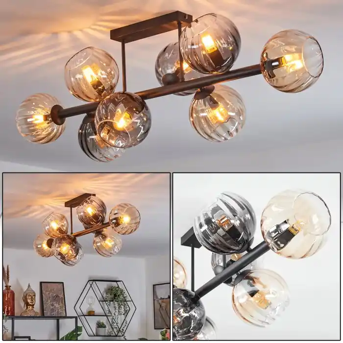 Seizoensaanbieding Koyoto Plafondlamp, Kogellampje Amber, Duidelijk, Rookkleurig, 8-lichts