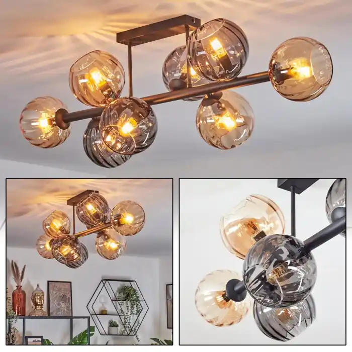 Laatste Kans Koyoto Plafondlamp, Kogellampje Amber, Rookkleurig, 8-lichts