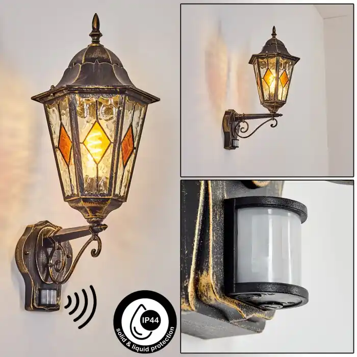 Hongkong Wandlamp voor buiten, Wandlamp Bruin, Goud, 1-licht, Bewegingsmelder Direct Beschikbaar
