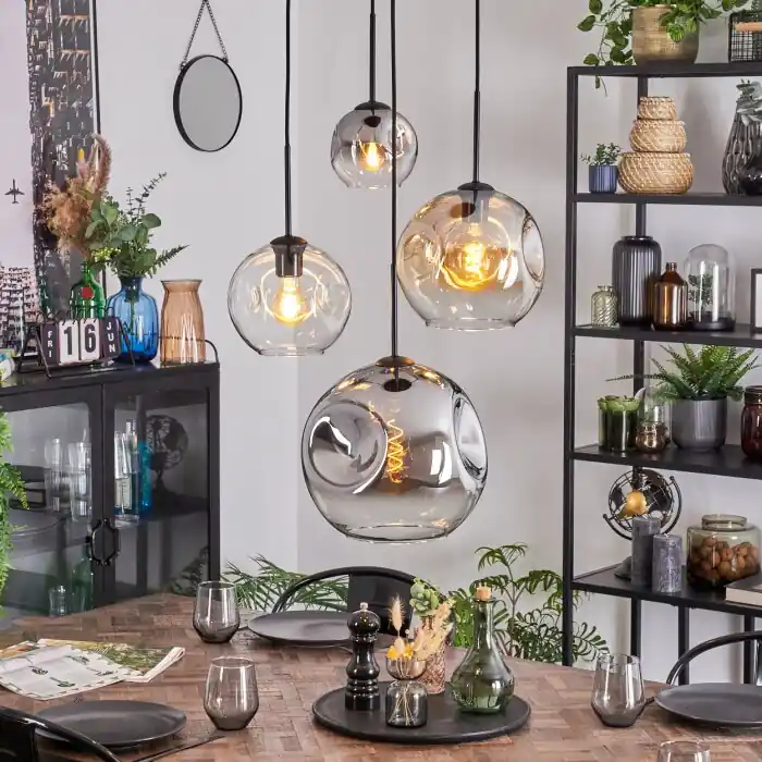 Koopje Ripoll Hanglamp, Kogellampje, Hanglamp Amber, Chroom, Duidelijk, Rookkleurig, 4-lichts