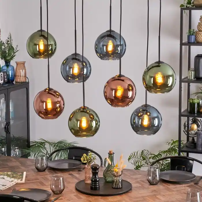 Koyoto Hanglamp, Kogellampje, Hanglamp Blauw, Groen, Koperkleurig, 8-lichts Direct Verzonden