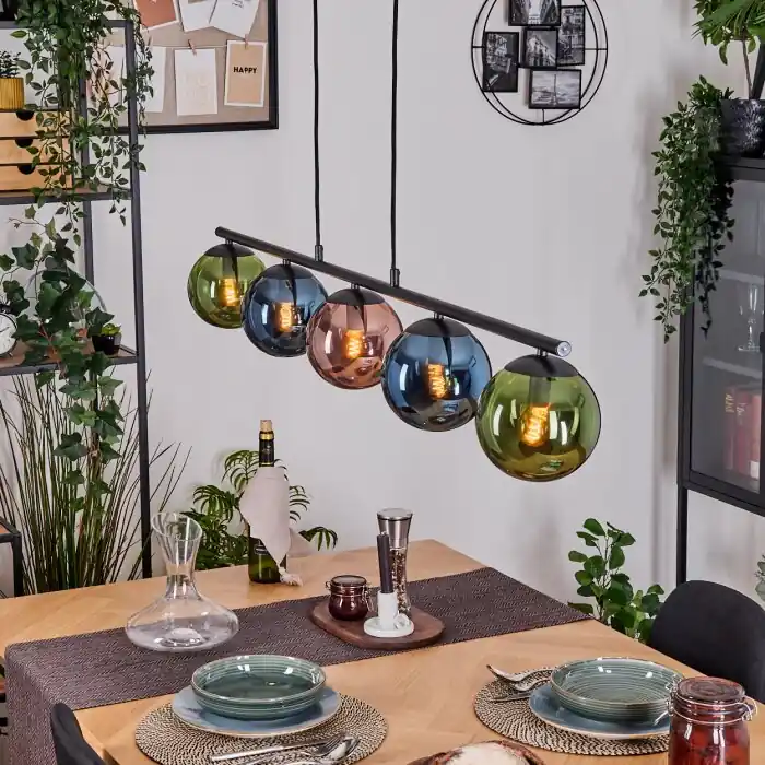 Gastor Hanglamp, Kogellampje, Hanglamp Blauw, Groen, Koperkleurig, 5-lichts Beperkt Aanbod