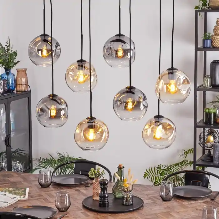 Flitsaanbieding Ripoll Hanglamp, Kogellampje, Hanglamp Amber, Duidelijk, Rookkleurig, 8-lichts