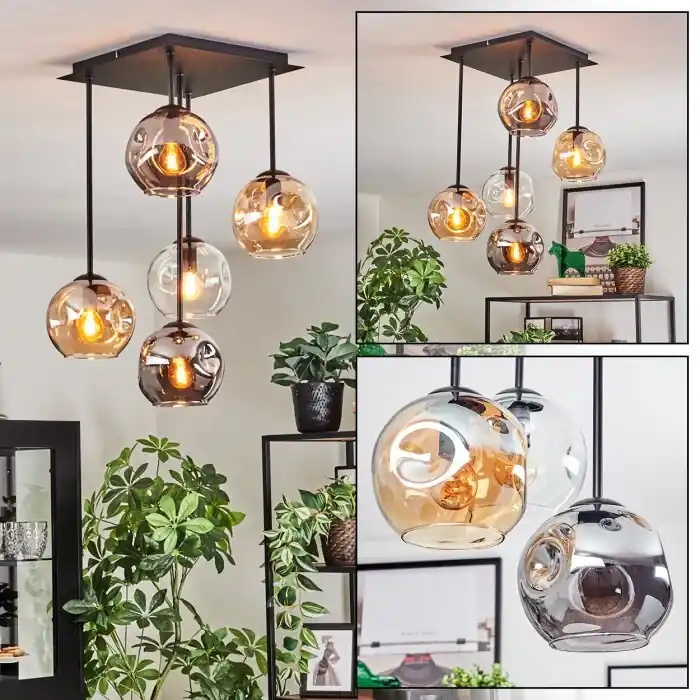 Ripoll Plafondlamp, Kogellampje Amber, Duidelijk, Rookkleurig, 5-lichts Laatste Kans