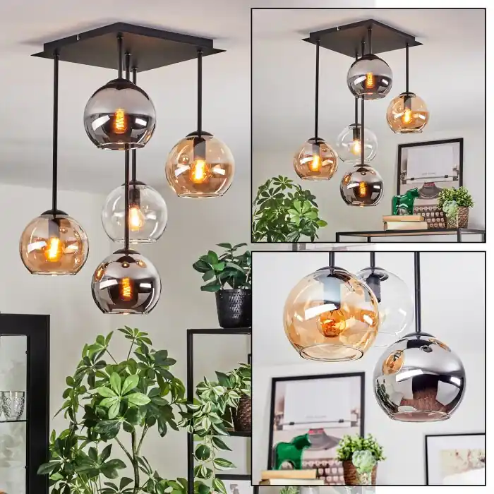 Koyoto Plafondlamp, Kogellampje Amber, Chroom, Duidelijk, Rookkleurig, 5-lichts Speciale Aanbieding