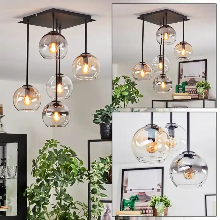 Direct Verzonden Koyoto Plafondlamp, Kogellampje Amber, Duidelijk, Rookkleurig, 5-lichts