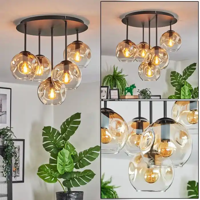 Populair Ripoll Plafondlamp, Kogellampje Amber, Duidelijk, 5-lichts