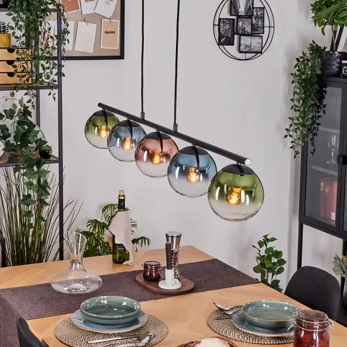 Koopje Gastor Hanglamp, Kogellampje, Hanglamp Blauw, Groen, Duidelijk, Koperkleurig, 5-lichts