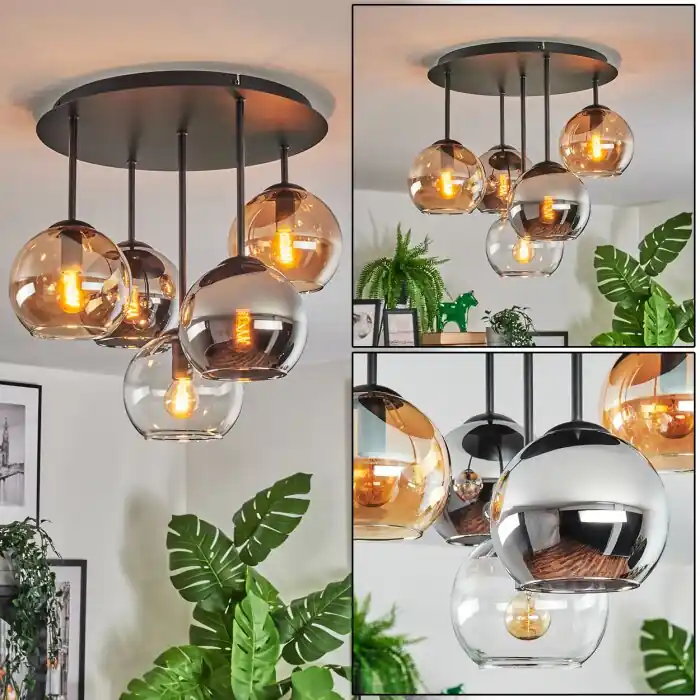Koyoto Plafondlamp, Kogellampje 37 cm Amber, Chroom, Duidelijk, Rookkleurig, 5-lichts Flitsaanbieding