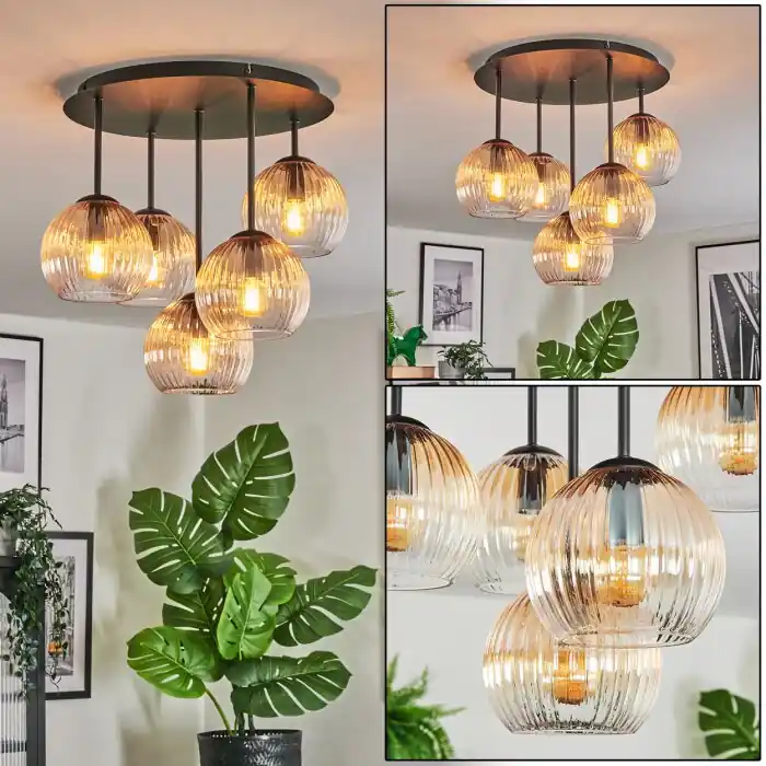 Koyoto Plafondlamp, Kogellampje 41 cm Amber, Duidelijk, 5-lichts Exclusieve Aanbieding