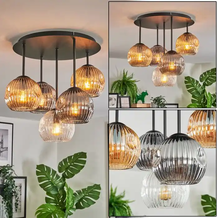 Snelle Levering Ripoll Plafondlamp, Kogellampje Amber, Duidelijk, Rookkleurig, 5-lichts