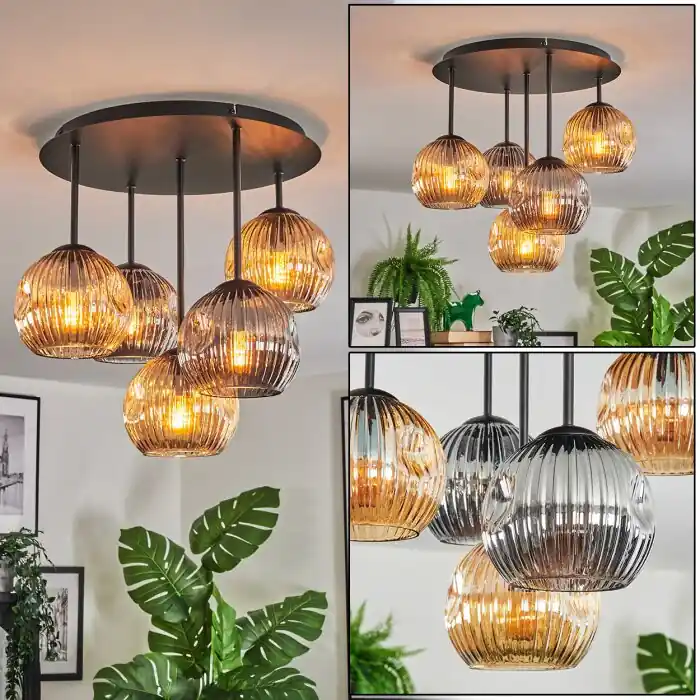 Ripoll Plafondlamp, Kogellampje Amber, Rookkleurig, 5-lichts Meest Verkocht