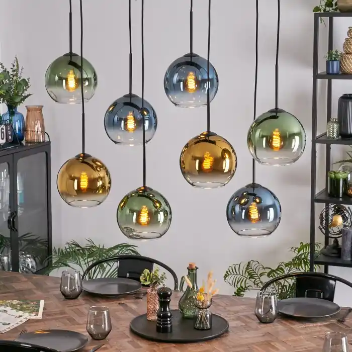 Finale Uitverkoop Koyoto Hanglamp, Kogellampje, Hanglamp Blauw, Goud, Groen, Duidelijk, 8-lichts