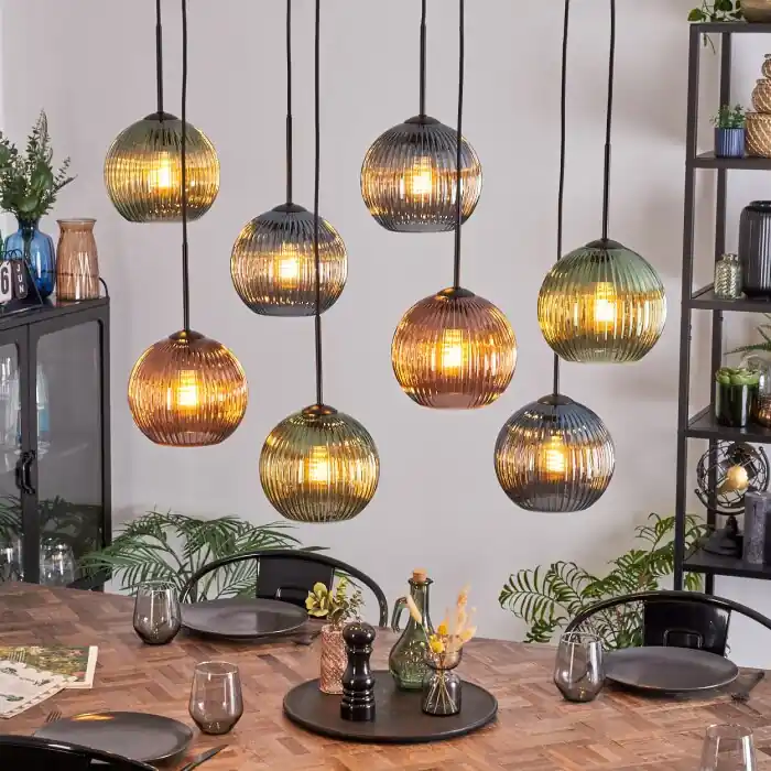 Koyoto Hanglamp, Kogellampje, Hanglamp Blauw, Groen, Koperkleurig, 8-lichts Direct Beschikbaar