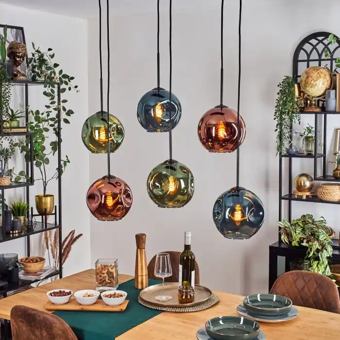 Beperkt Aanbod Ripoll Hanglamp, Kogellampje, Hanglamp Blauw, Groen, Koperkleurig, 6-lichts