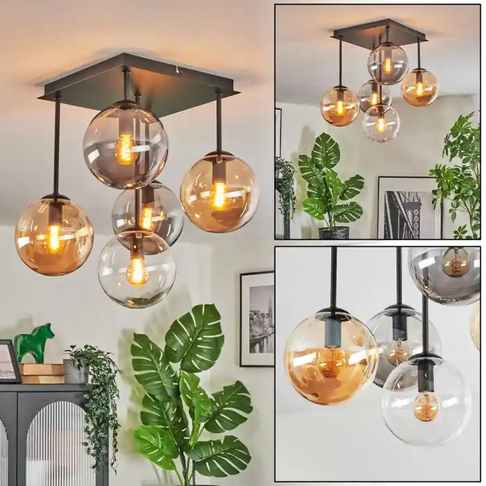 Gastor Plafondlamp, Kogellampje Amber, Duidelijk, Rookkleurig, 5-lichts Seizoensaanbieding