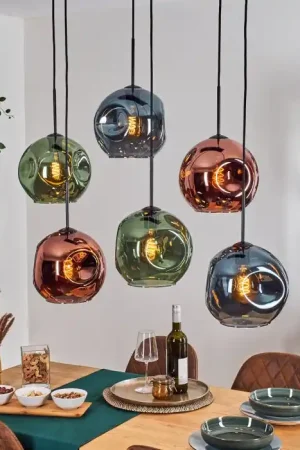 Voordeelprijs Ripoll Hanglamp, Kogellampje, Hanglamp Blauw, Groen, Koperkleurig, 6-lichts