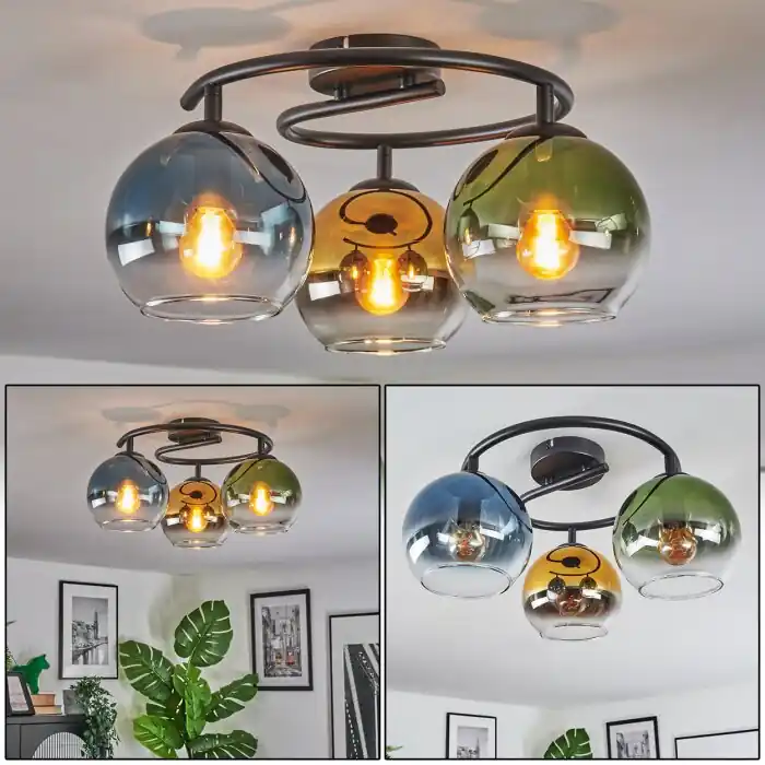 Koyoto Plafondlamp, Kogellampje 37 cm Blauw, Goud, Groen, Duidelijk, 3-lichts Fabrieksprijs