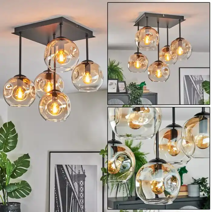 Actieprijs Ripoll Plafondlamp, Kogellampje Amber, Duidelijk, 5-lichts