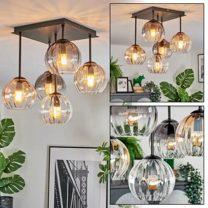 Koyoto Plafondlamp, Kogellampje Amber, Duidelijk, Rookkleurig, 5-lichts Koop Vandaag