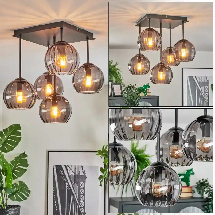 Koyoto Plafondlamp, Kogellampje 37 cm Rookkleurig, 5-lichts Shop Nu