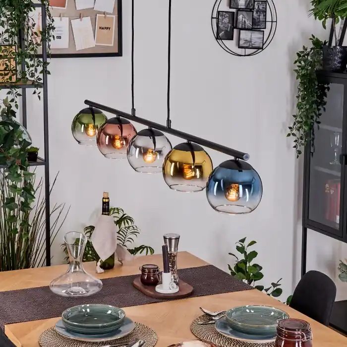 Korting Koyoto Hanglamp, Kogellampje, Hanglamp Blauw, Chroom, Goud, Groen, Duidelijk, Koperkleurig, Rookkleurig, 5-lichts
