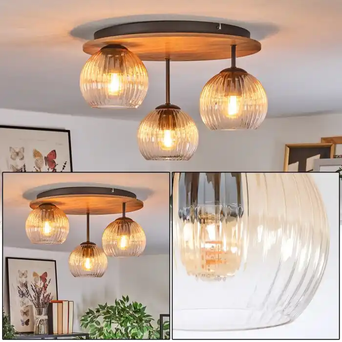 Koyoto Plafondlamp, Kogellampje Bruin, houtlook, Zwart, 3-lichts Betaalbaar