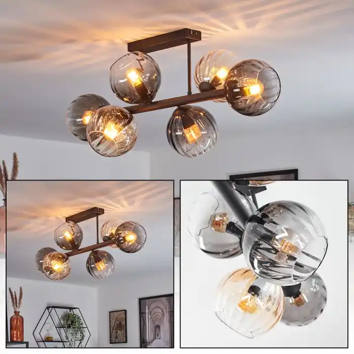 Direct Verzonden Koyoto Plafondlamp, Kogellampje Amber, Duidelijk, Rookkleurig, 6-lichts