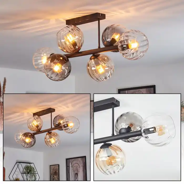 Koyoto Plafondlamp, Kogellampje Amber, Duidelijk, Rookkleurig, 6-lichts Weekendaanbieding