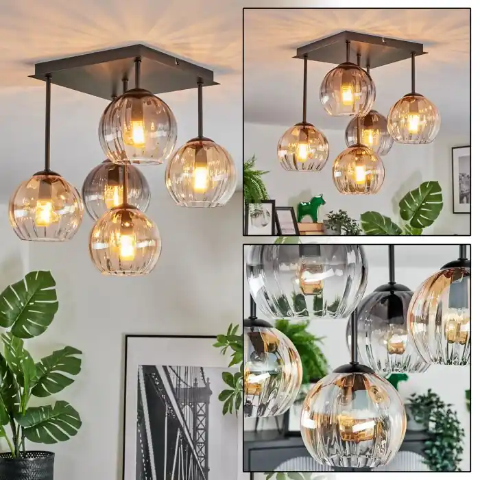 Gereduceerde Prijs Koyoto Plafondlamp, Kogellampje Amber, Duidelijk, Rookkleurig, 5-lichts