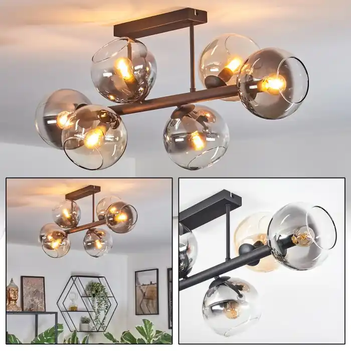 Must-Have Koyoto Plafondlamp, Kogellampje Amber, Duidelijk, Rookkleurig, 6-lichts