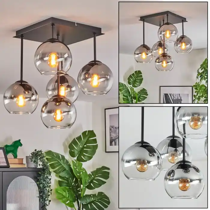 Koyoto Plafondlamp, Kogellampje Duidelijk, Rookkleurig, 5-lichts Veilige Betaling