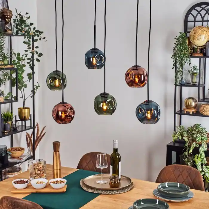 Bestel Nu Ripoll Hanglamp, Kogellampje, Hanglamp Blauw, Groen, Koperkleurig, 6-lichts