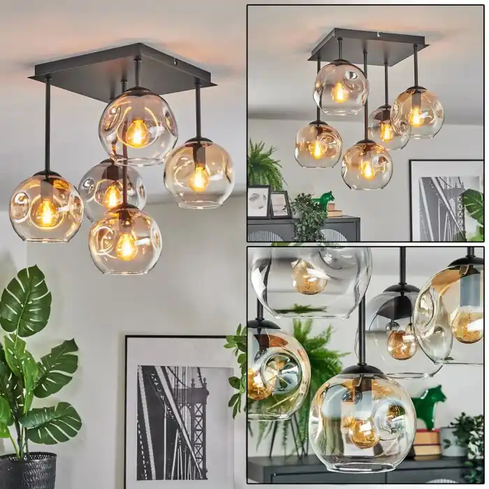 Ripoll Plafondlamp, Kogellampje Amber, Duidelijk, Rookkleurig, 5-lichts Tijdelijk Beschikbaar