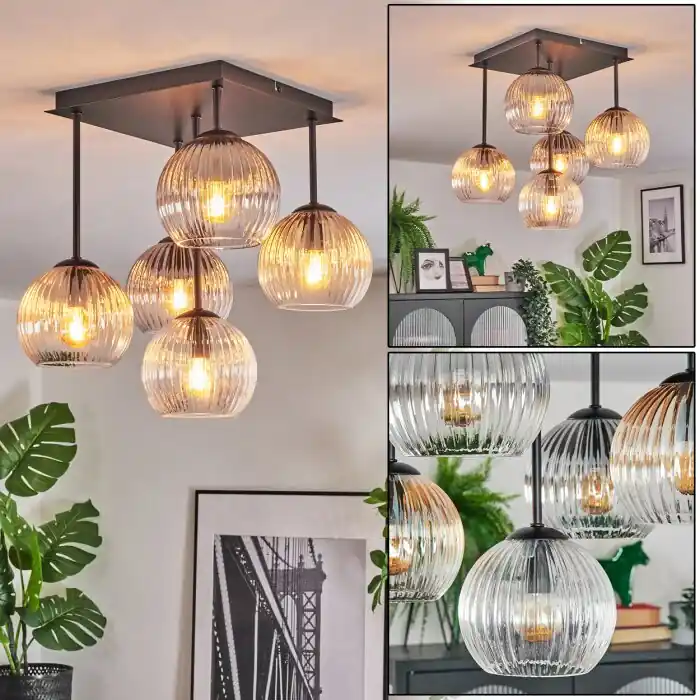 Betaalbaar Koyoto Plafondlamp, Kogellampje Amber, Duidelijk, Rookkleurig, 5-lichts