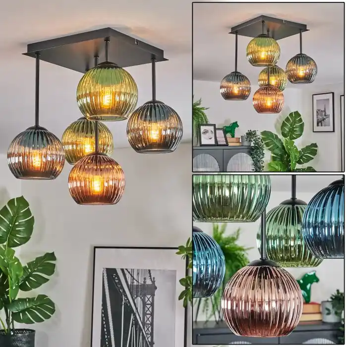 Koyoto Plafondlamp, Kogellampje Blauw, Groen, Koperkleurig, 5-lichts Dagaanbieding