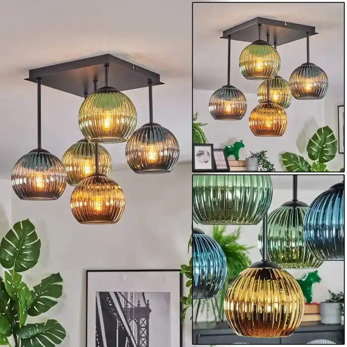 Op = Op Koyoto Plafondlamp, Kogellampje Blauw, Goud, Groen, 5-lichts