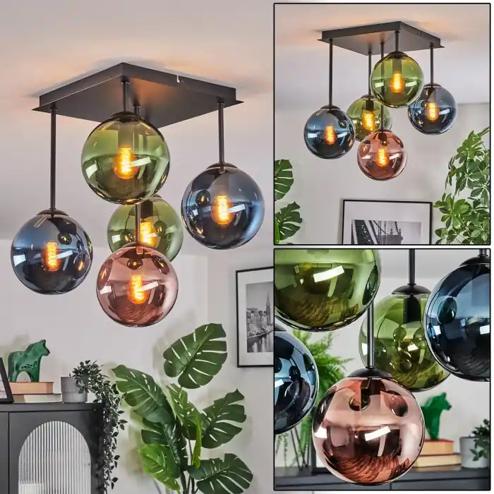 Gastor Plafondlamp, Kogellampje Blauw, Groen, Koperkleurig, 5-lichts Tijdelijk Beschikbaar
