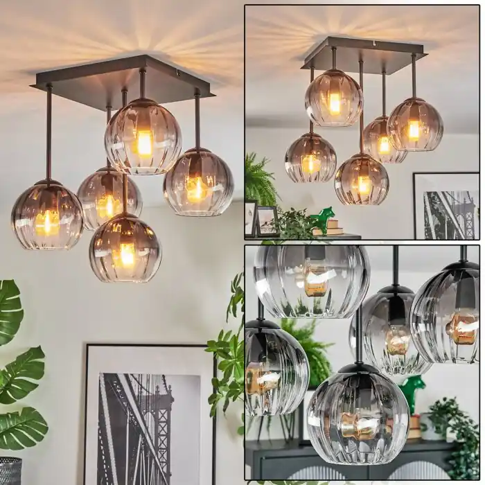 Koopje Koyoto Plafondlamp, Kogellampje 37 cm Duidelijk, Rookkleurig, 5-lichts
