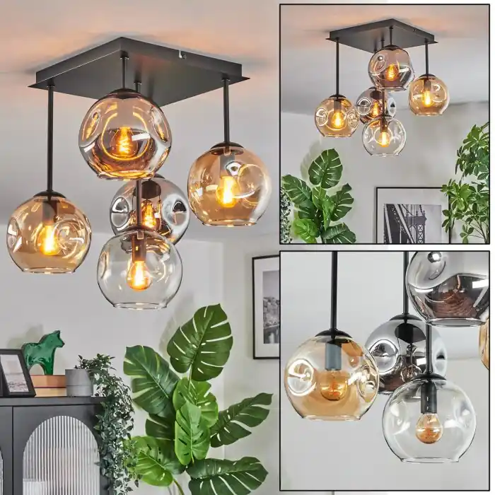 Ripoll Plafondlamp, Kogellampje Amber, Duidelijk, Rookkleurig, 5-lichts Favoriet