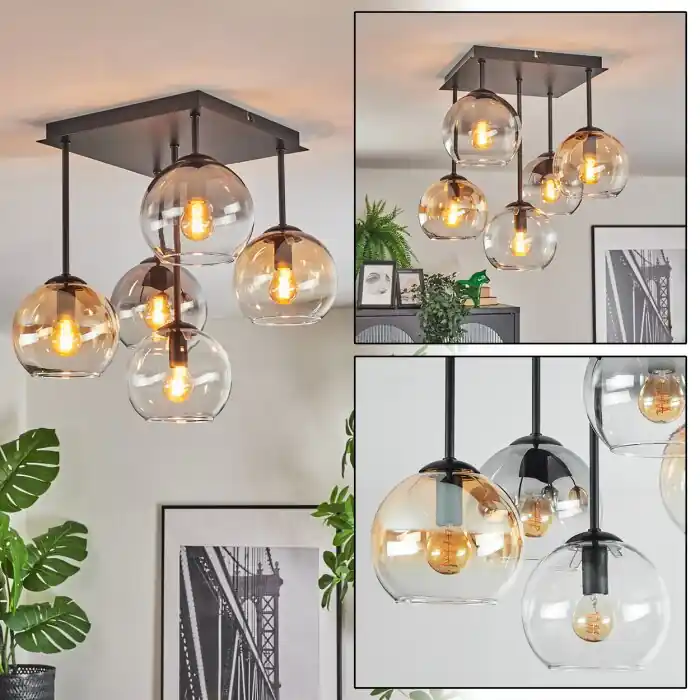 Koyoto Plafondlamp, Kogellampje Amber, Chroom, Duidelijk, Rookkleurig, 5-lichts Express Levering