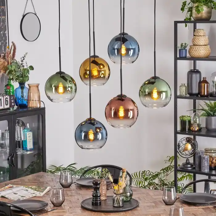 Koop Vandaag Koyoto Hanglamp, Kogellampje, Hanglamp Blauw, Goud, Groen, Duidelijk, Koperkleurig, 6-lichts