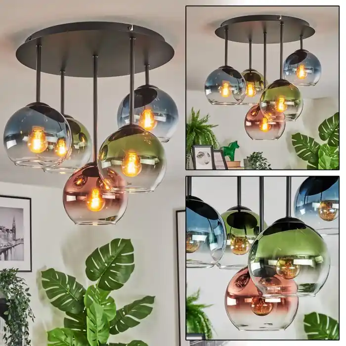 Hete Deal Koyoto Plafondlamp, Kogellampje Blauw, Groen, Duidelijk, Koperkleurig, 5-lichts