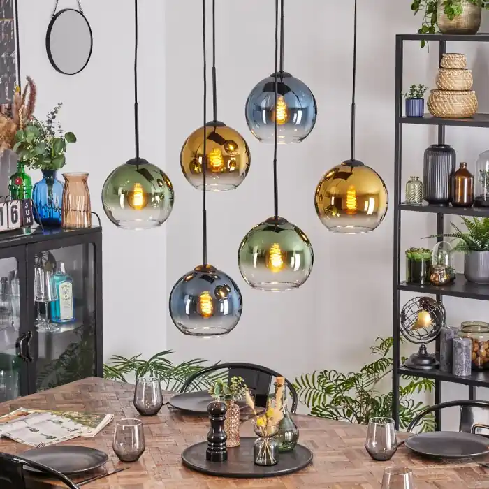 Seizoensaanbieding Koyoto Hanglamp, Kogellampje, Hanglamp Blauw, Goud, Groen, Duidelijk, 6-lichts