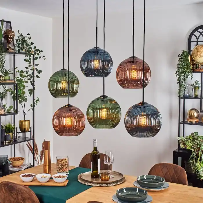 Koop Online Koyoto Hanglamp, Kogellampje, Hanglamp Blauw, Groen, Koperkleurig, 6-lichts