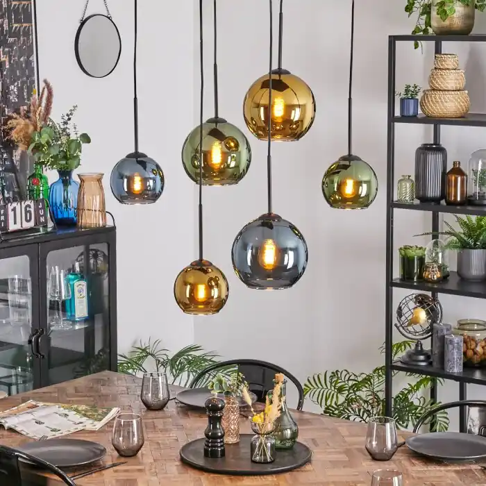 Exclusieve Aanbieding Koyoto Hanglamp, Kogellampje, Hanglamp Blauw, Goud, Groen, 6-lichts