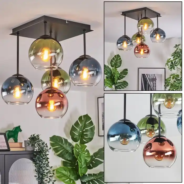 Koyoto Plafondlamp, Kogellampje Blauw, Groen, Duidelijk, Koperkleurig, 5-lichts Must-Have