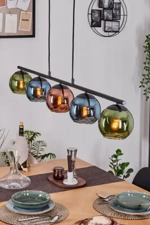 Aanbieding Koyoto Hanglamp, Kogellampje, Hanglamp Blauw, Groen, Koperkleurig, 5-lichts
